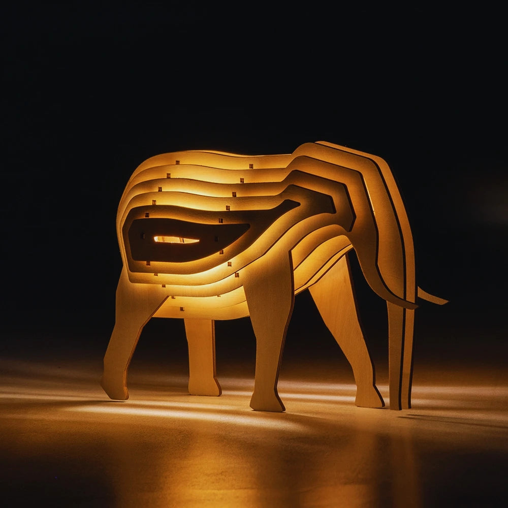 Trædyr Bordlampe – Kreativ 3D Puslespils-Lampe til Hjem og Børneværelser Bordlamper Tech Butik Elefant