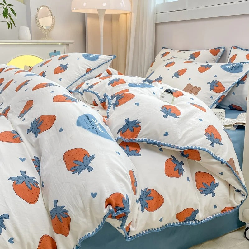 Blossom & Berry Dream Sengetøjssæt – Naturens elegance til en fredfyldt søvn Bedding Tech Butik Jordbær Enkelt -3pcs