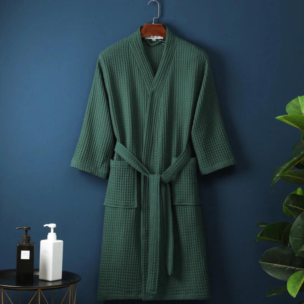 Waffelbadekåbe med V-udskæring – Den Perfekte Kombination af Stil og Komfort Bathrobe Tech Butik Mørkegrøn M