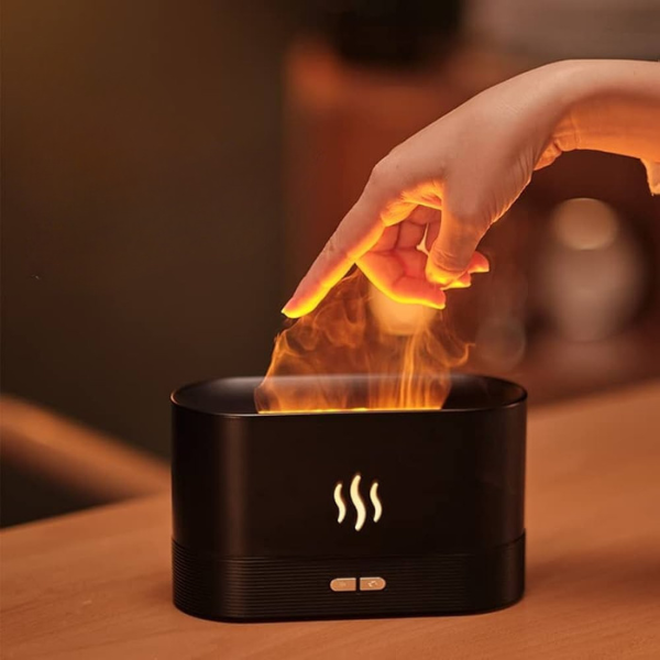 Aroma Luftfugter med LED Flammeeffekt og Ultralyds Aromaterapi Kompakt Luftdiffuser til Soveværelse og Kontor Luftfugtere Tech Butik Ny Sort