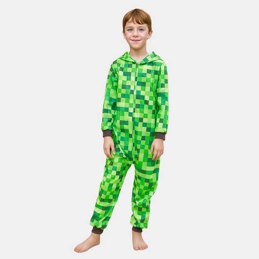 Børns Minecraft Kostume-Onsie – Grønternet Design til Halloween & Fester Drenge Kostumer Tech Butik 5-6År