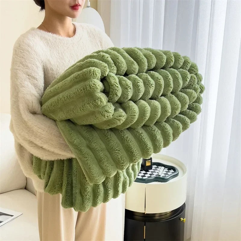 Bred Flanel Fleece Tæppe med Stribet Mønster – Hyggeligt til Stue og Soveværelse Sengetøj Tech Butik Grøn 100x150cm