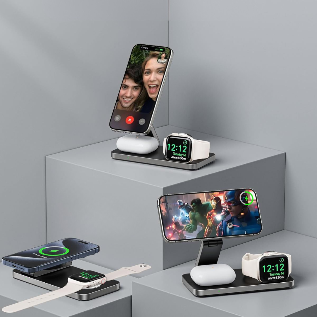 3-i-1 Trådløs Opladningsstation til iPhone, AirPods og Apple Watch – Kompakt design Mobiltelefontilbehør Tech Butik