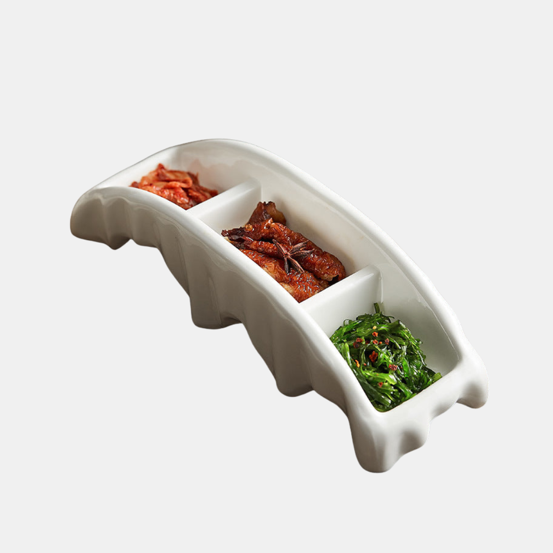 Elegant Elfenbens Keramikbakke – 3-Kompartments Skulpturelt Design Serveringsudstyr Tech Butik