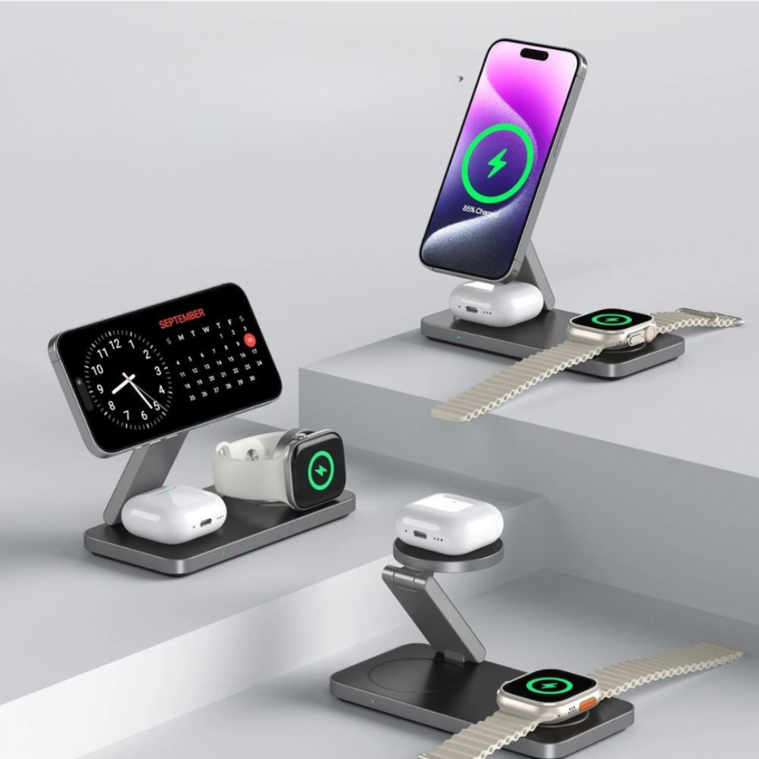 3-i-1 MagSafe Trådløs Oplader – Hurtig, Foldbar og Rejseklar Opladningsstation Opladere og Strømforsyninger Tech Butik