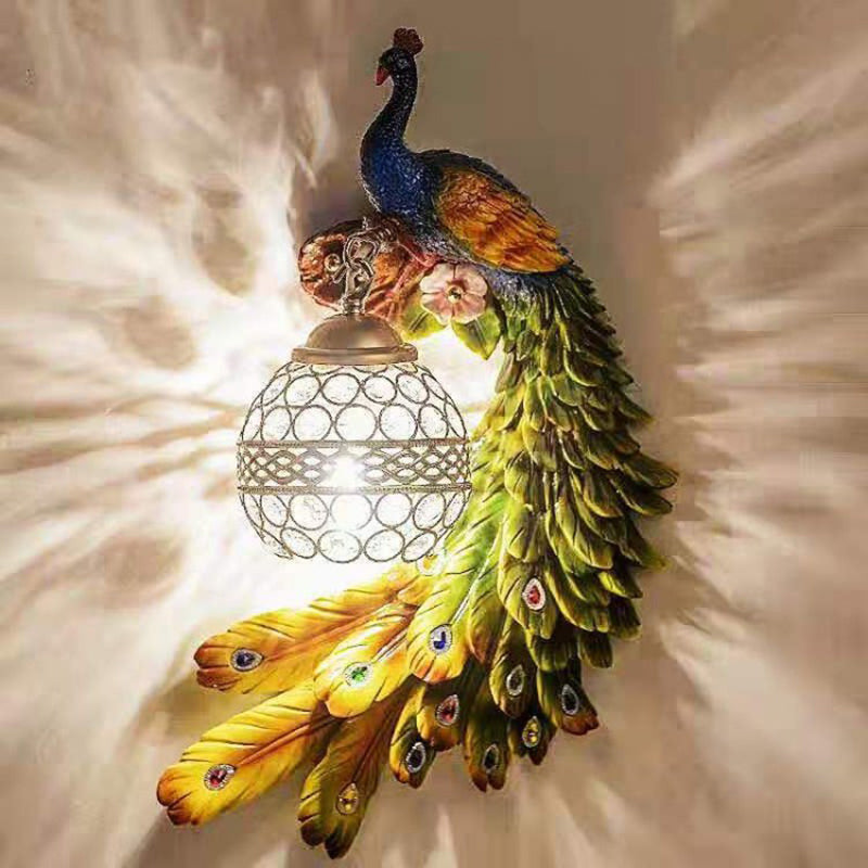 Påfugl Resin Væglampe – Krystalindlagt Globus Sconce til Elegante Interiører Væglamper Tech Butik Grøn Højre