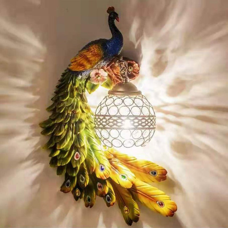 Påfugl Resin Væglampe – Krystalindlagt Globus Sconce til Elegante Interiører Væglamper Tech Butik Grøn Venstre