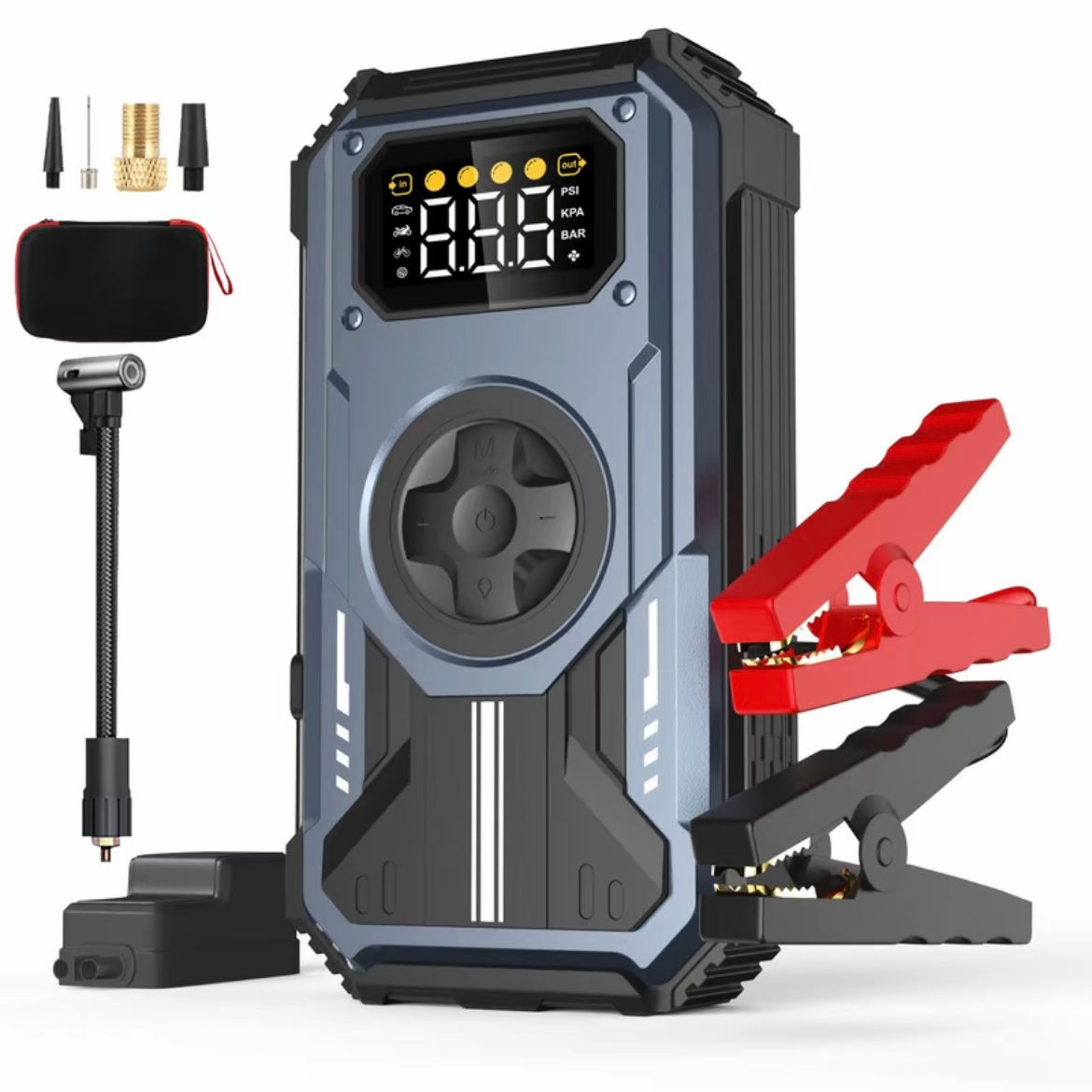 Bilbatteri Starter – Bærbar Batteristarter med Luftkompressor Tech Butik Blå