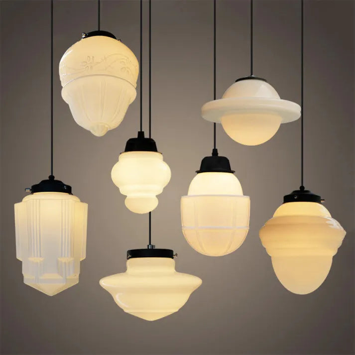 Vintage-inspireret Geometrisk Loftlampe – Hvid Mælkeglas Pendellamper Tech Butik