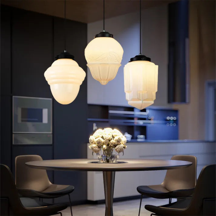 Vintage-inspireret Geometrisk Loftlampe – Hvid Mælkeglas Pendellamper Tech Butik