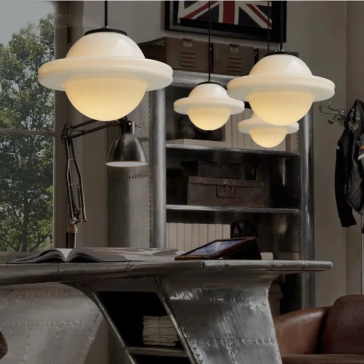 Vintage-inspireret Geometrisk Loftlampe – Hvid Mælkeglas Pendellamper Tech Butik