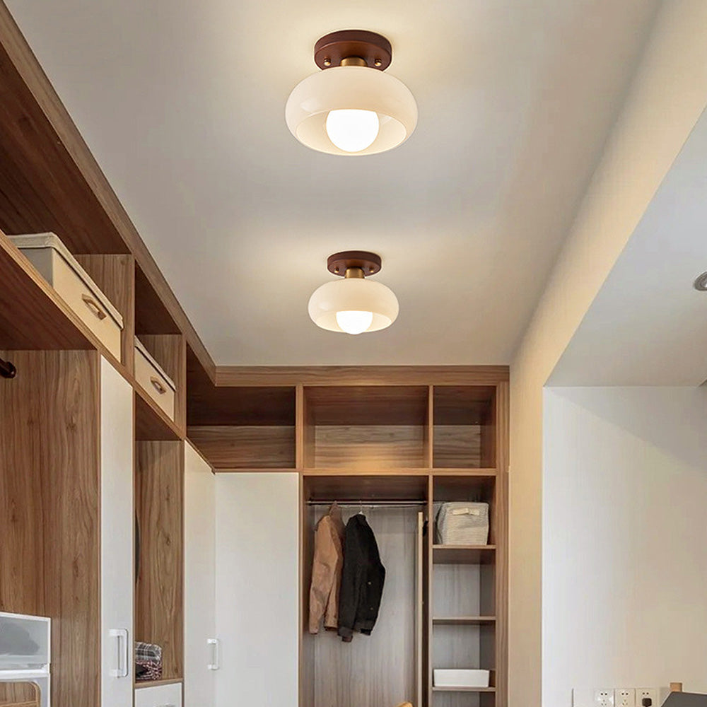 Glas Loftlampe med Træ – Varm Belysning til Gangen Lamper Tech Butik Valnød Stil B: D28*H16CM