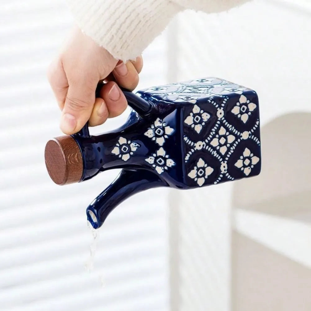 Olivenolie Dispenser – Håndmalet Keramik med Træprop Olie- og eddike dispensere Tech Butik