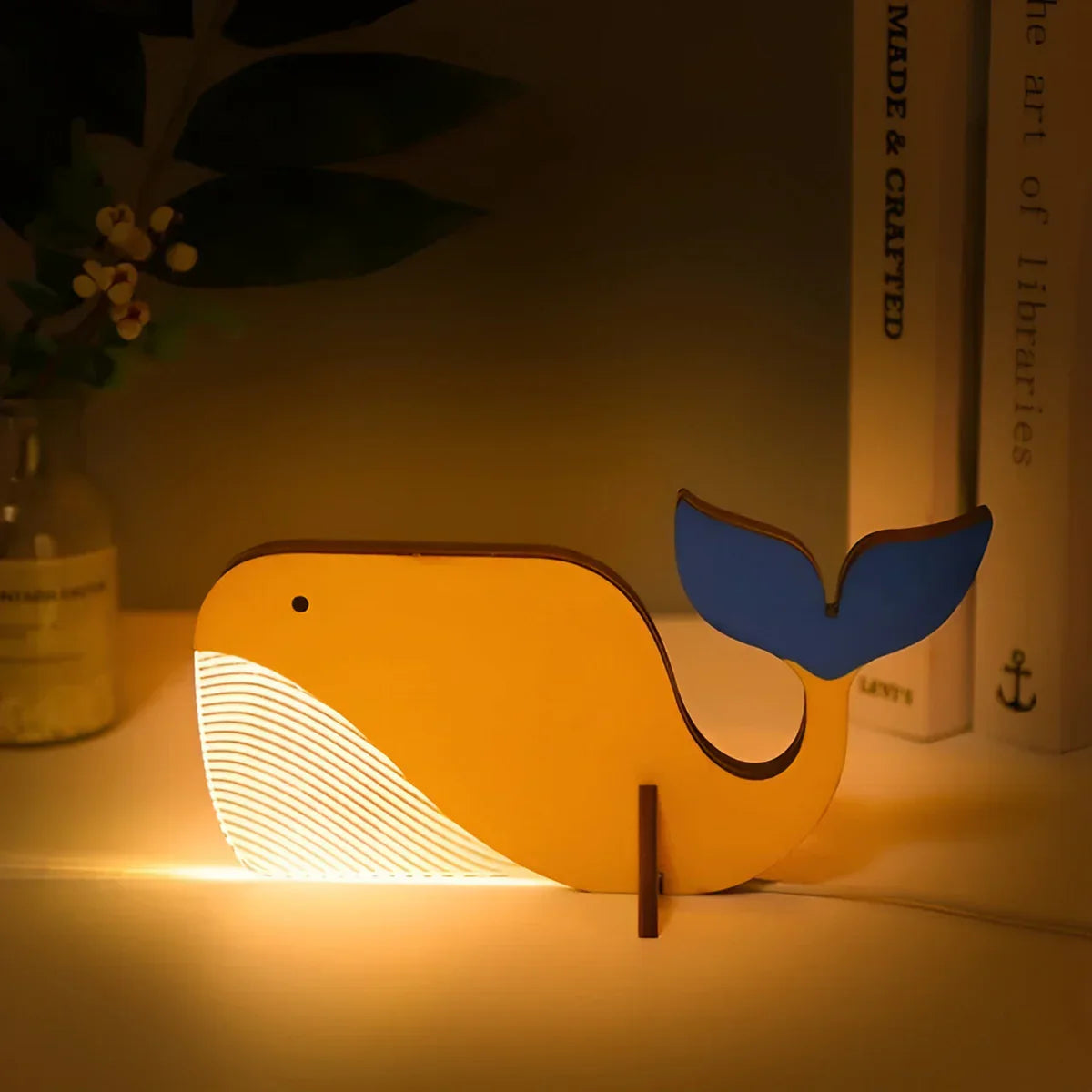 Magisk Natlampe i Træ med Dyremotiver og Blødt LED-Lys Lamp Tech Butik Hval