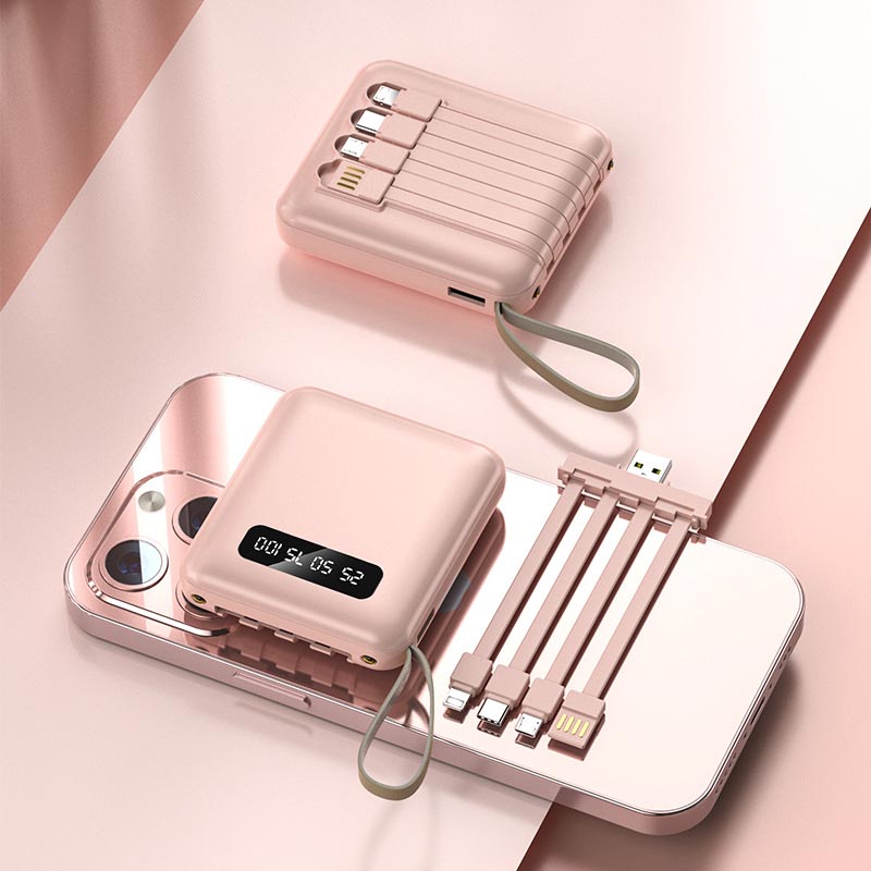 Bærbar 20.000 mAh Powerbank – Hurtig opladning & alt-i-én kabeldesign Bærbare opladere Tech Butik Rosa 5000mAh