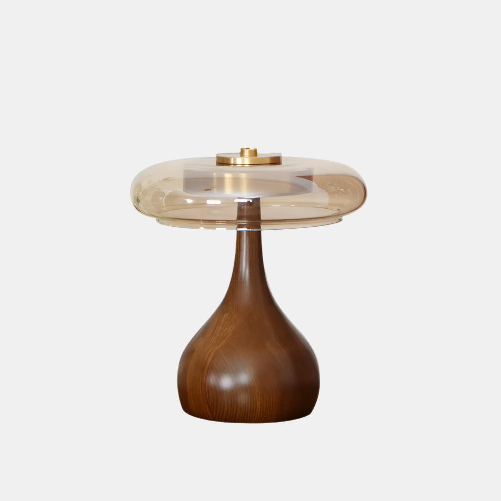 Moderne LED-bordlampe med træfinish Bordlampe Tech Butik Dia 22cm x H 24.5cm Valnødfarve & Rometo kontrolvariator