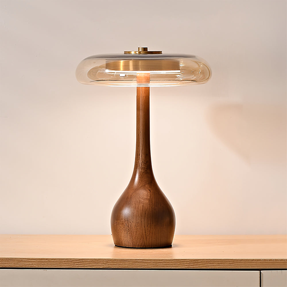 Moderne LED-bordlampe med træfinish Bordlampe Tech Butik Dia 22cm x H 31.5cm Valnødfarve & Rometo kontrolvariator