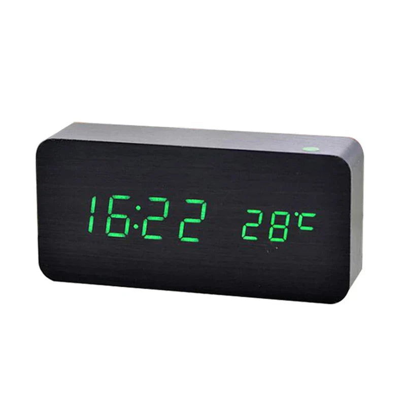 Digitalt Trævækkeur – LED-Display, Moderne & Stille Ure Tech Butik Sort med grøn LED