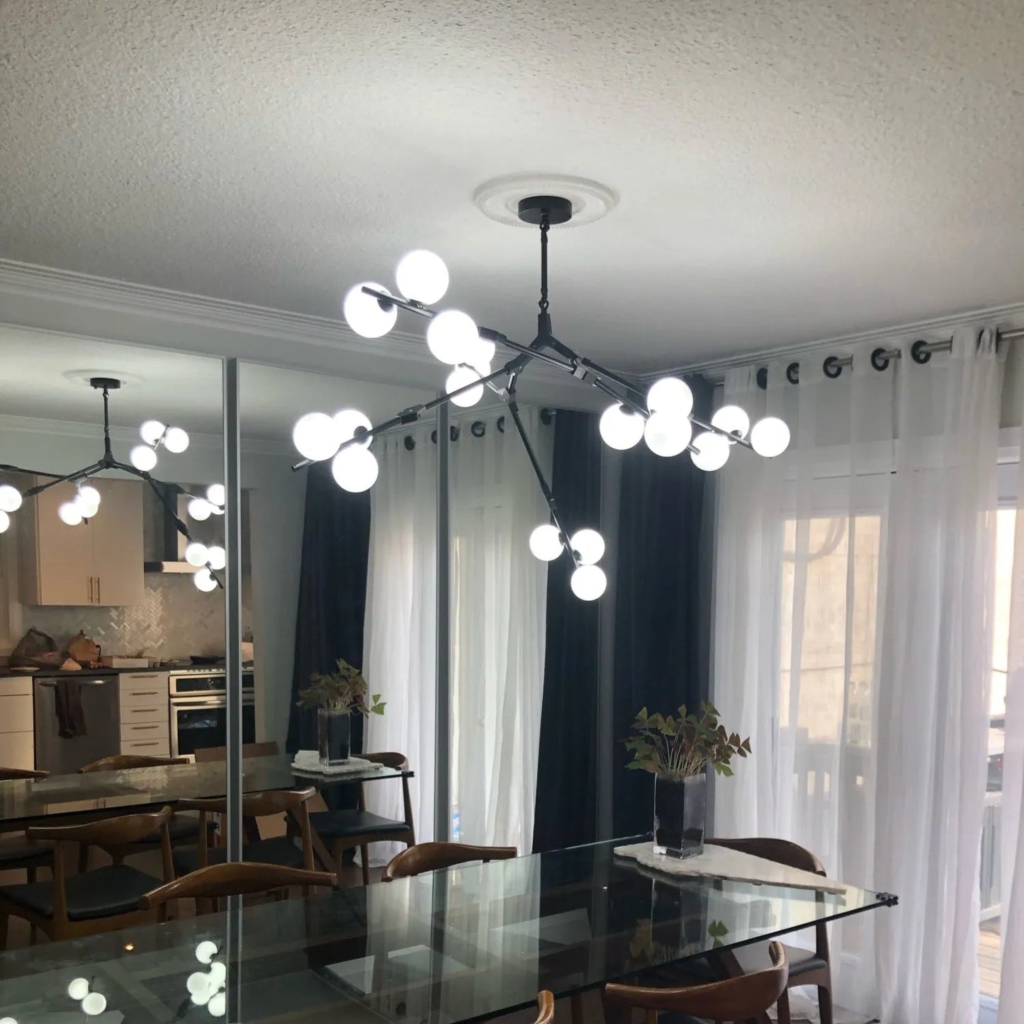 Nordiske Gren Loftlampe for Moderne Elegance Pendellampe Tech Butik Sort (18 hoveder) Længde 137cm x bredde 89cm x højde 40cm Varmt lys (3000K)