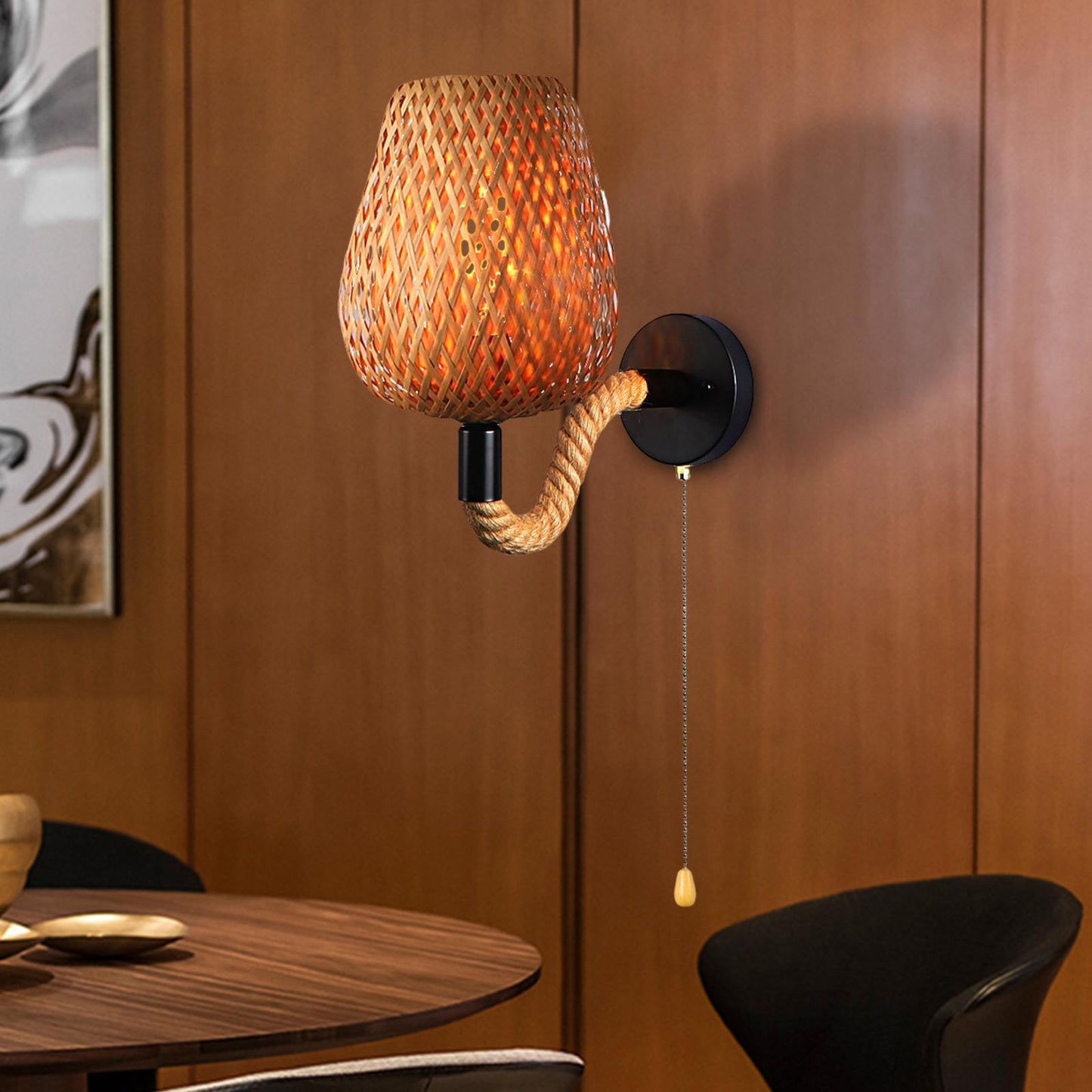 Retro Væglampe i Bambus og Rattan med Håndtag af Hampereb Lamp Tech Butik