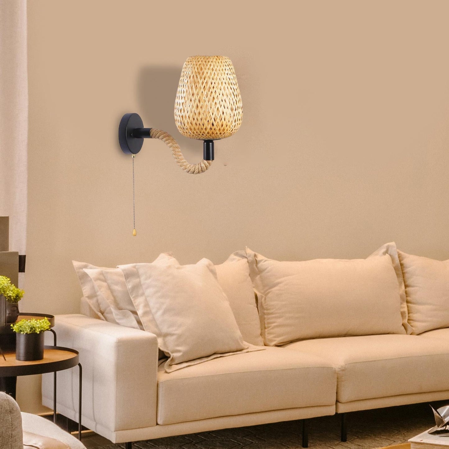 Retro Væglampe i Bambus og Rattan med Håndtag af Hampereb Lamp Tech Butik