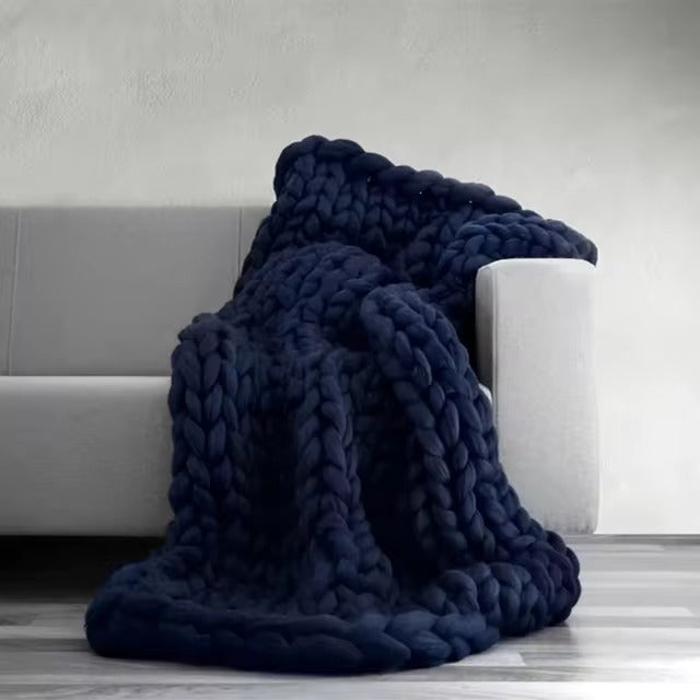 Chunky Strikket Merinould Tæppe – Hyggelig Luksus til Dit Hjem Tæppe Tech Butik Mørkeblå 100*100cm