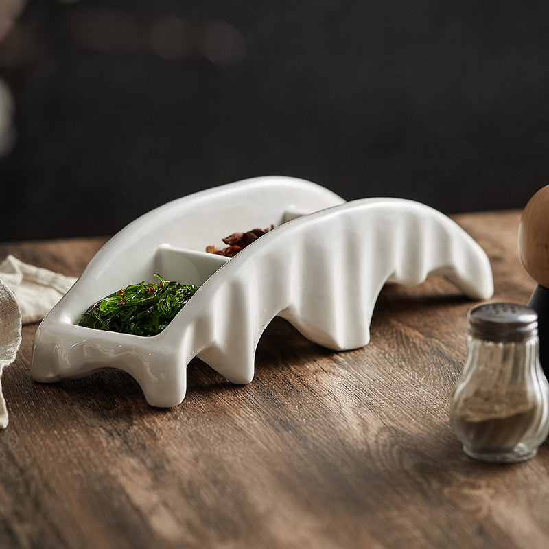 Elegant Elfenbens Keramikbakke – 3-Kompartments Skulpturelt Design Serveringsudstyr Tech Butik