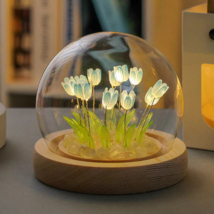 Tulipan Nattelys i Glaskuppel – Elegant Indendørs Dekoration og Gave Natlampe Tech Butik blå