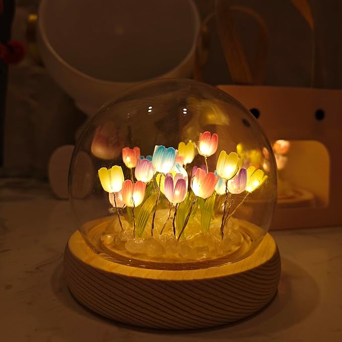 Tulipan Nattelys i Glaskuppel – Elegant Indendørs Dekoration og Gave Natlampe Tech Butik farverig