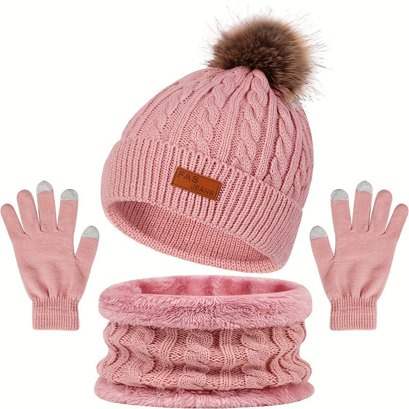 Dame 3-delt Vinter-Accessoriesæt – Hue, Strikket Tørklæde og Handsker i Kabelstrik Winter accessory set Tech Butik Lyserød En størrelse passer alle
