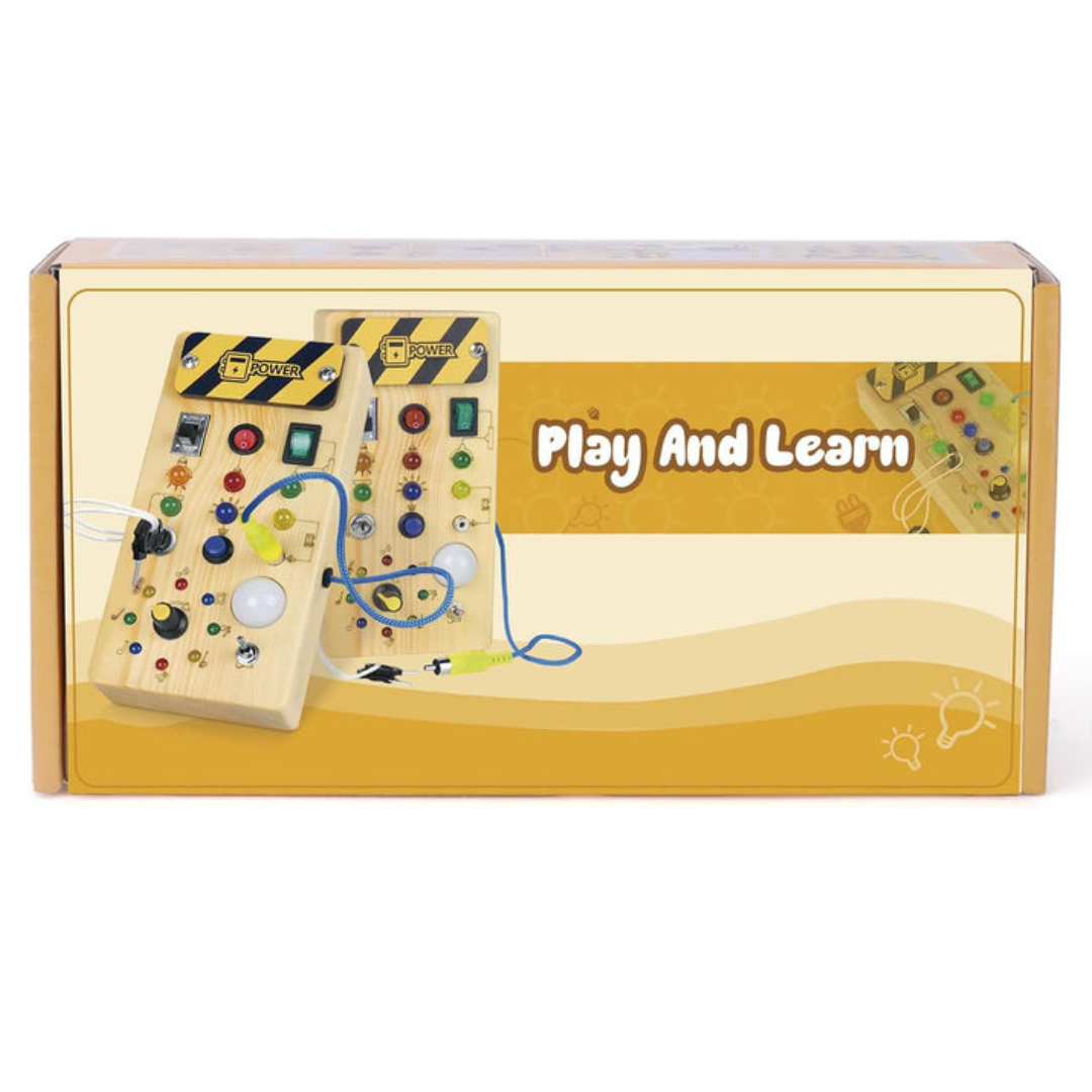 Træaktivitetsbræt med 8 LED-Kontakter – Montessori Sansestimulation og Perfekt Rejseledsager Toys Tech Butik