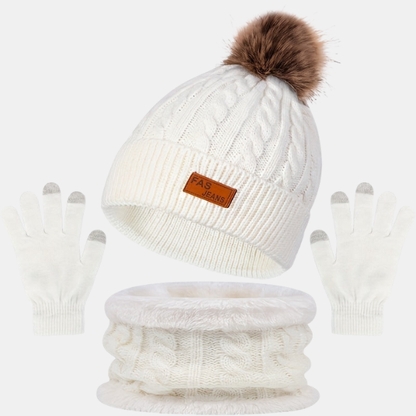 Dame 3-delt Vinter-Accessoriesæt – Hue, Strikket Tørklæde og Handsker i Kabelstrik Winter accessory set Tech Butik Hvid En størrelse passer alle