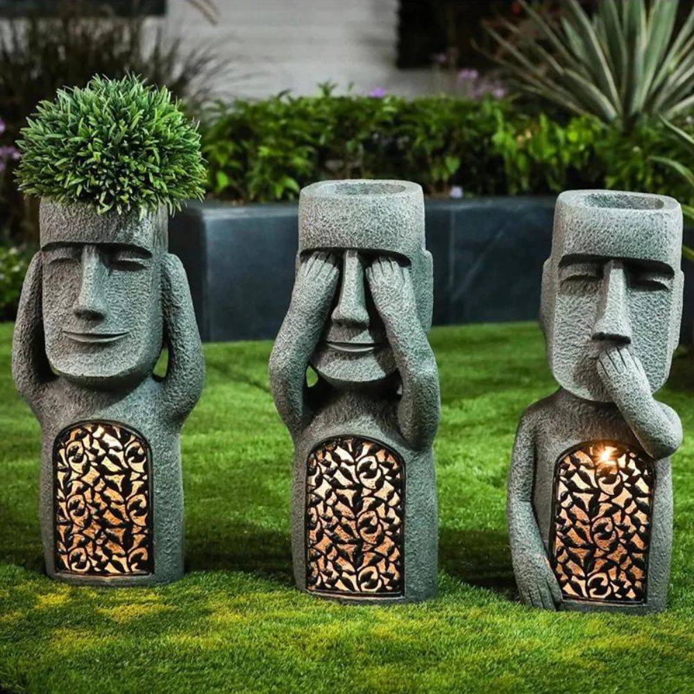 Moai Have Statue Plantekasse – Solcelle LED Resin Dekoration Home & Garden Tech Butik Komplet sæt (3 dele) Statue