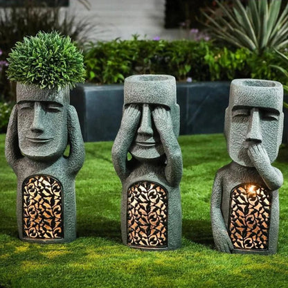 Moai Have Statue Plantekasse – Solcelle LED Resin Dekoration Home & Garden Tech Butik Komplet sæt (3 dele) Statue