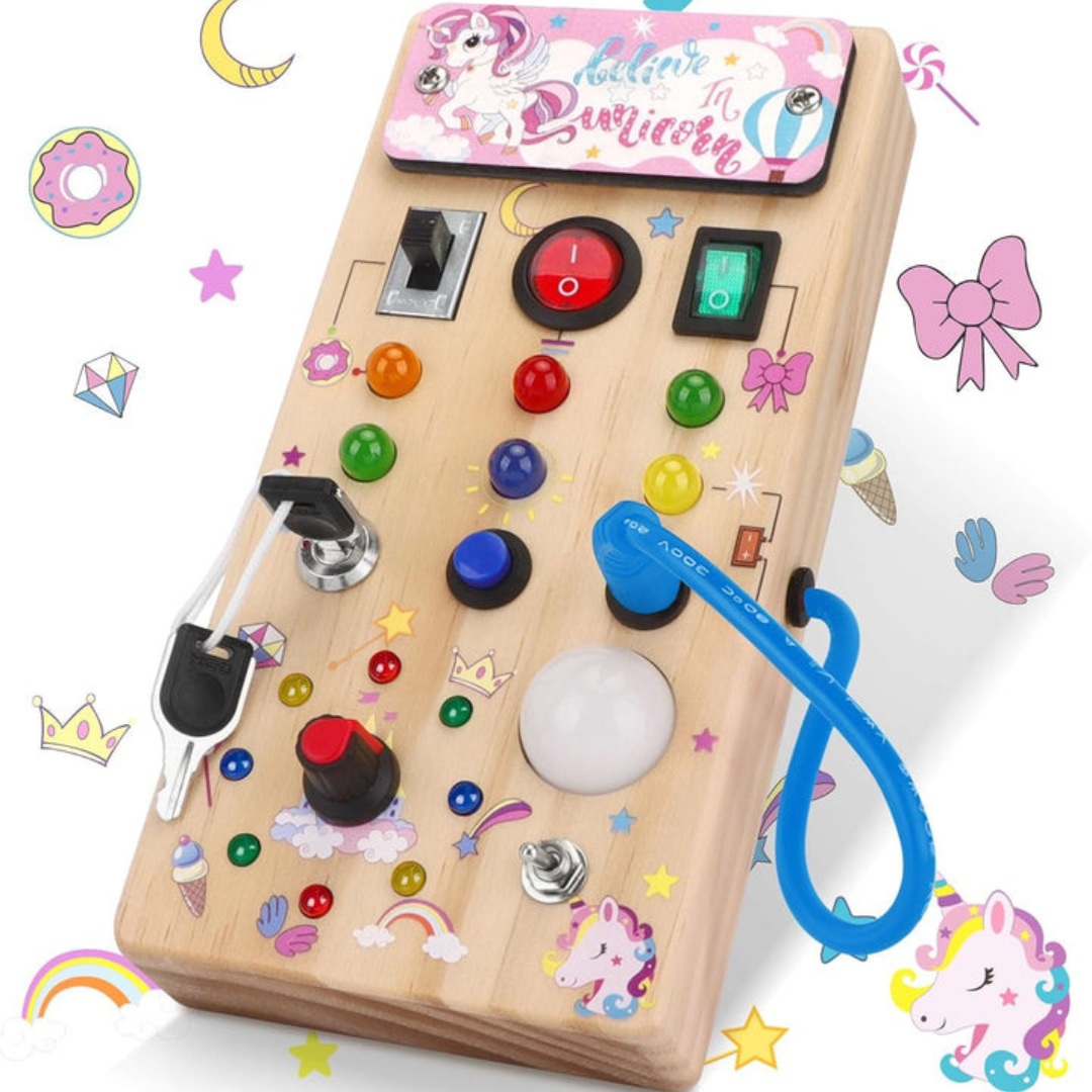 Træaktivitetsbræt med 8 LED-Kontakter – Montessori Sansestimulation og Perfekt Rejseledsager Toys Tech Butik