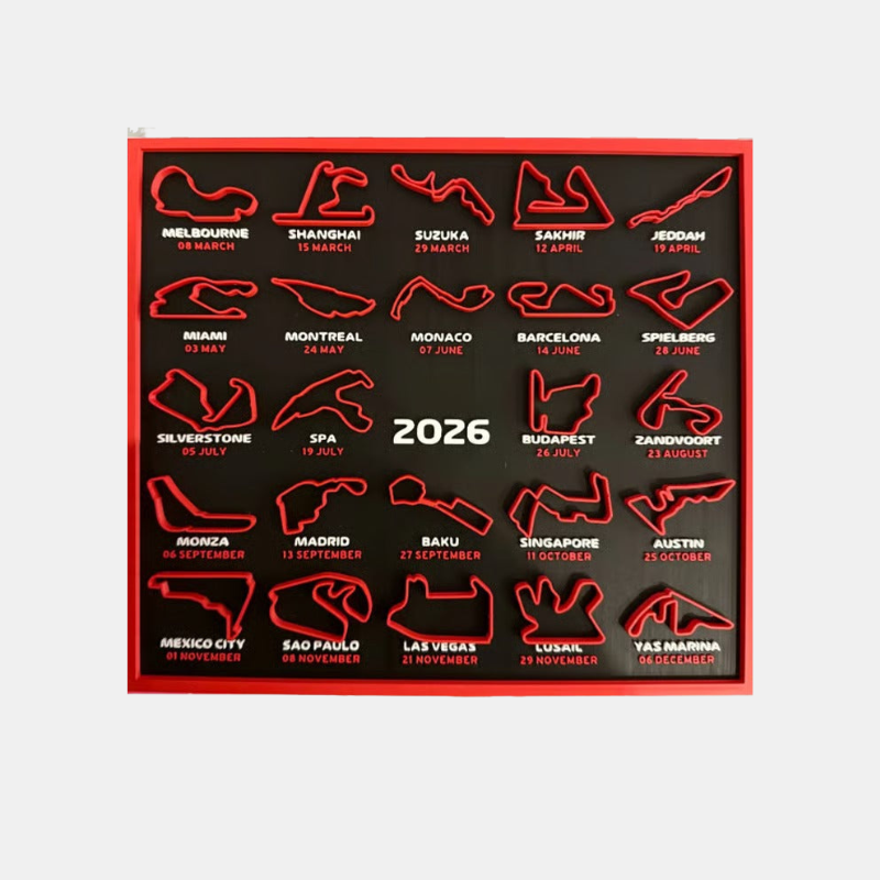 3D-Printet F1 Banekalender 2026 – Moderne Racing Vægkunst Vægkunst Tech Butik