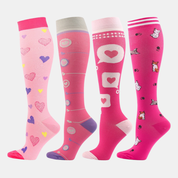 Farverige Lange Kompressionssokker (4 par) – Støttende, Komfortable og Energigivende Sokker Socks Tech Butik Rosa design-sæt S