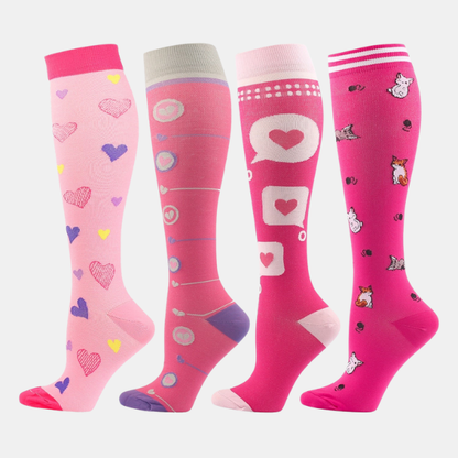 Farverige Lange Kompressionssokker (4 par) – Støttende, Komfortable og Energigivende Sokker Socks Tech Butik Rosa design-sæt S
