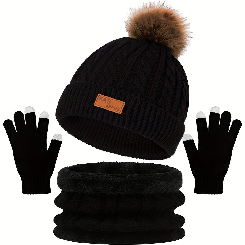 Dame 3-delt Vinter-Accessoriesæt – Hue, Strikket Tørklæde og Handsker i Kabelstrik Winter accessory set Tech Butik Sort En størrelse passer alle