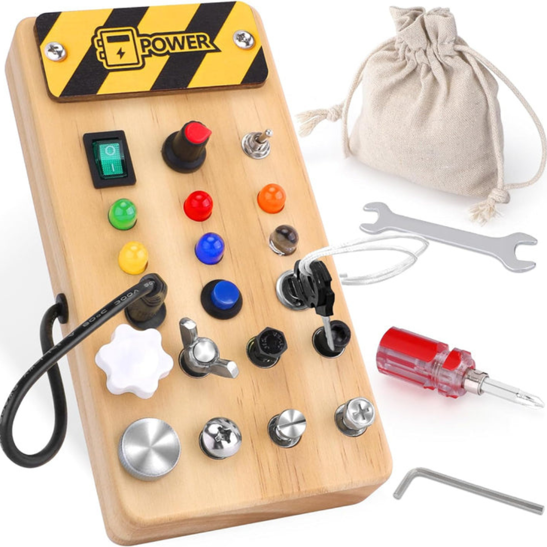 Træaktivitetsbræt med 8 LED-Kontakter – Montessori Sansestimulation og Perfekt Rejseledsager Toys Tech Butik Skruetrækkerværktøj Busy Board