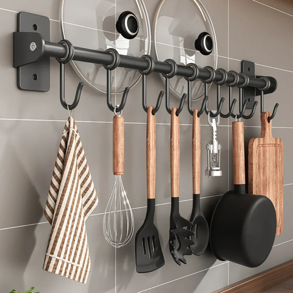Moderne Køkken Knage Rack – Pladsbesparende stålrack til redskaber Kitchen Accessories Tech Butik 6 kroge (40cm)