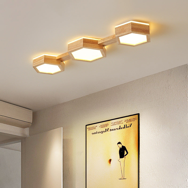 Moderne Sekskantet LED Loftlampe med Træ og Akrylfinish Loftlamper Tech Butik D Varmt lys