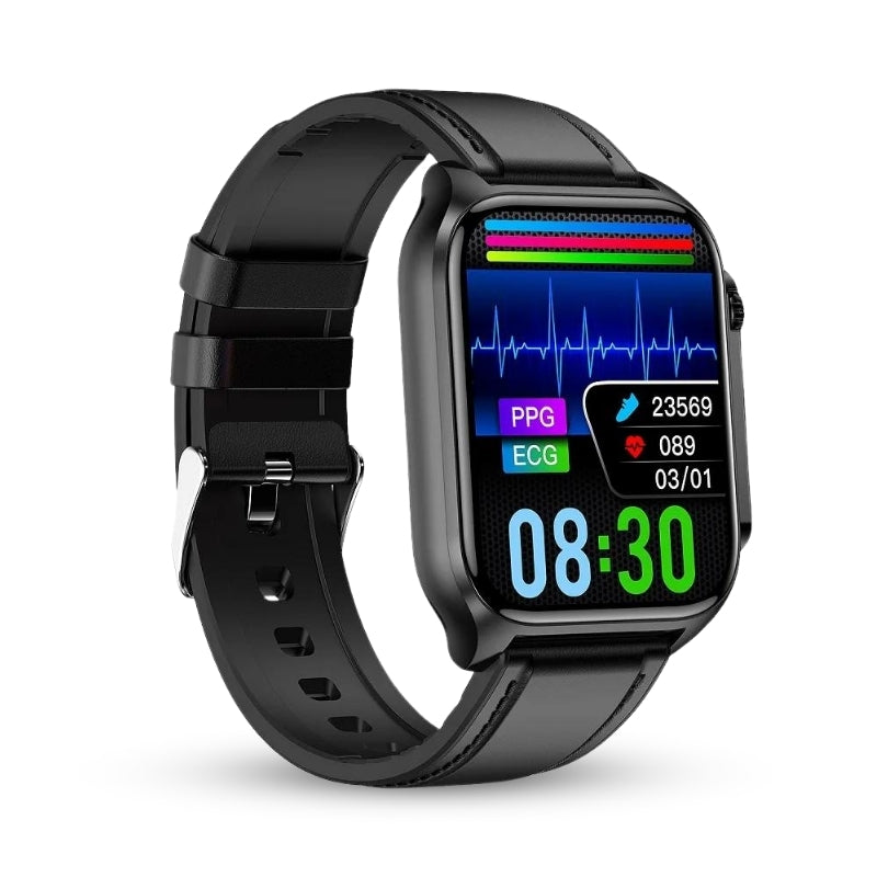 Alt-i-en Vandtæt Sundheds-Smartwatch – 24/7 Vitalovervågning & Smarte Notifikationer Tech Butik Sort læder