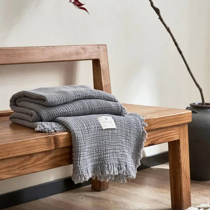 Alsidig Bomulds-Tæppe med Frynser – Komfortabelt & Stilfuldt Hjemmetilbehør Tæpper Tech Butik Sot Blå 130x170cm
