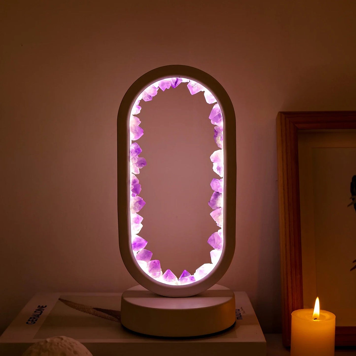 Beroligende Amethist Lampe - Håndlavet Naturlig Krystal Belysning Bordlampe Tech Butik Amethyst hvid