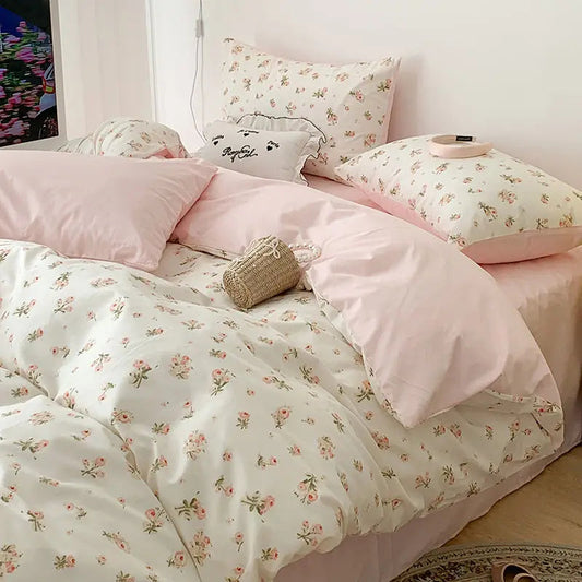 Blomsterbeddengoed Sæt i Lyserød Polyester Med Dynebetræk og Pudebetræk Dekoration Tech Butik Stil A Tvillingbetræk 4Styk 150cm x 200cm