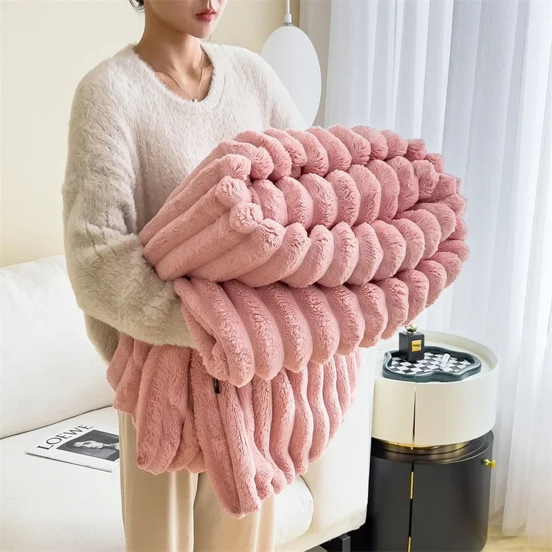Bred Flanel Fleece Tæppe med Stribet Mønster – Hyggeligt til Stue og Soveværelse Sengetøj Tech Butik Lyserød 100x150cm