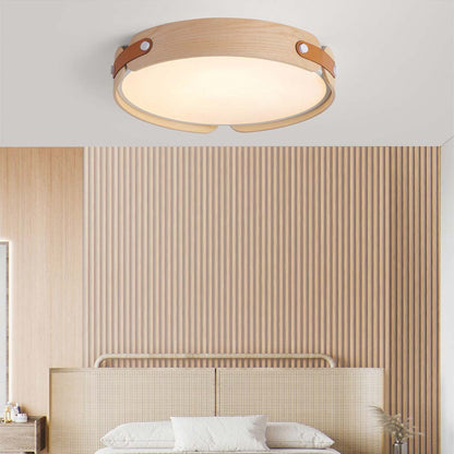 Stilfuld Cirkulær Træ- og Læderloftslampe – Chic, Miljøvenlig Belysning Flush Mount Ceiling Lights Tech Butik