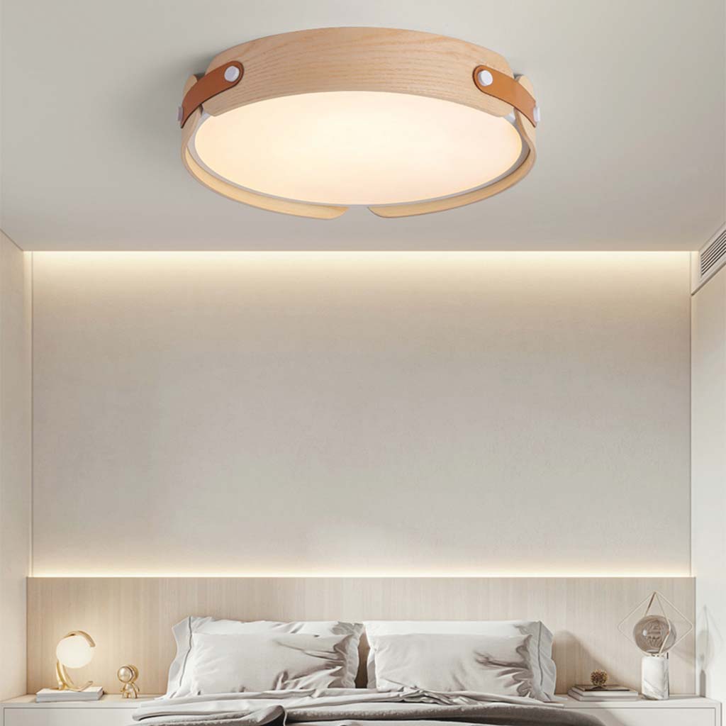 Stilfuld Cirkulær Træ- og Læderloftslampe – Chic, Miljøvenlig Belysning Flush Mount Ceiling Lights Tech Butik