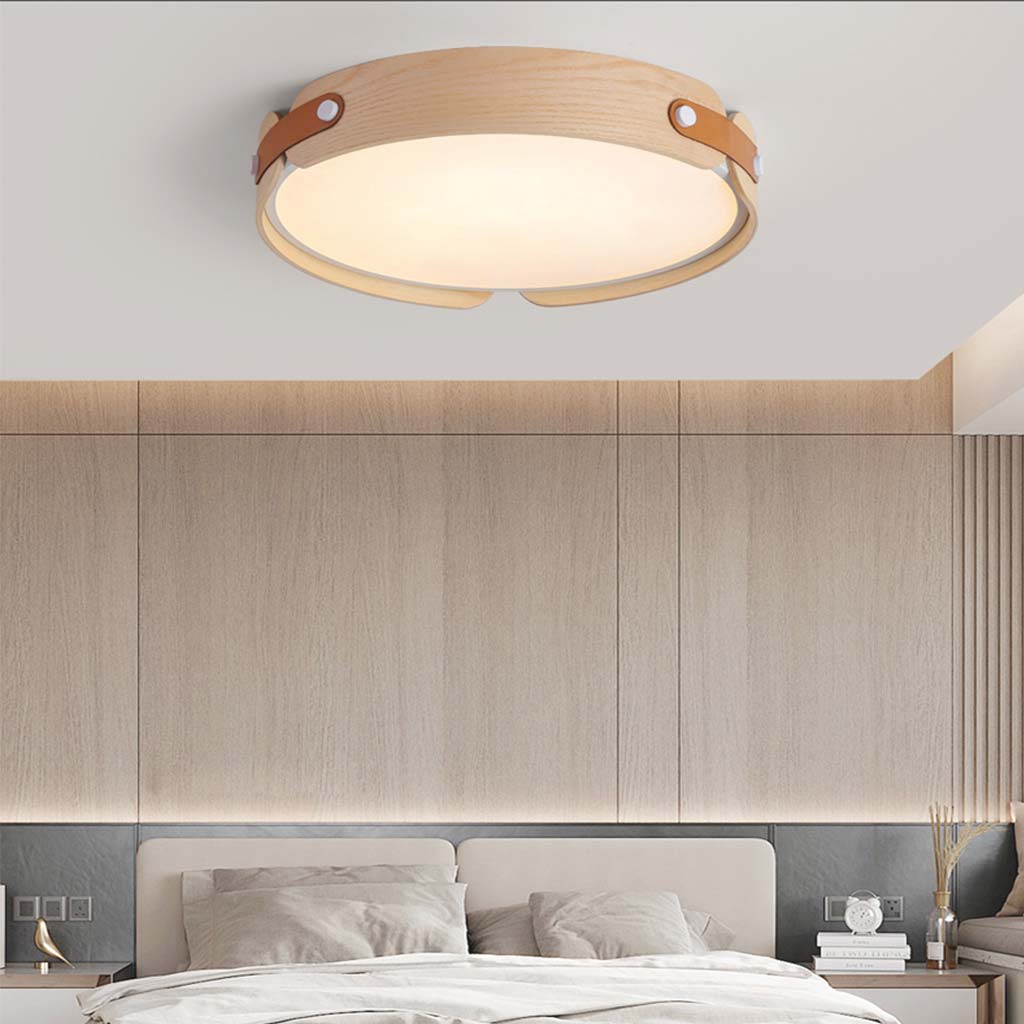 Stilfuld Cirkulær Træ- og Læderloftslampe – Chic, Miljøvenlig Belysning Flush Mount Ceiling Lights Tech Butik